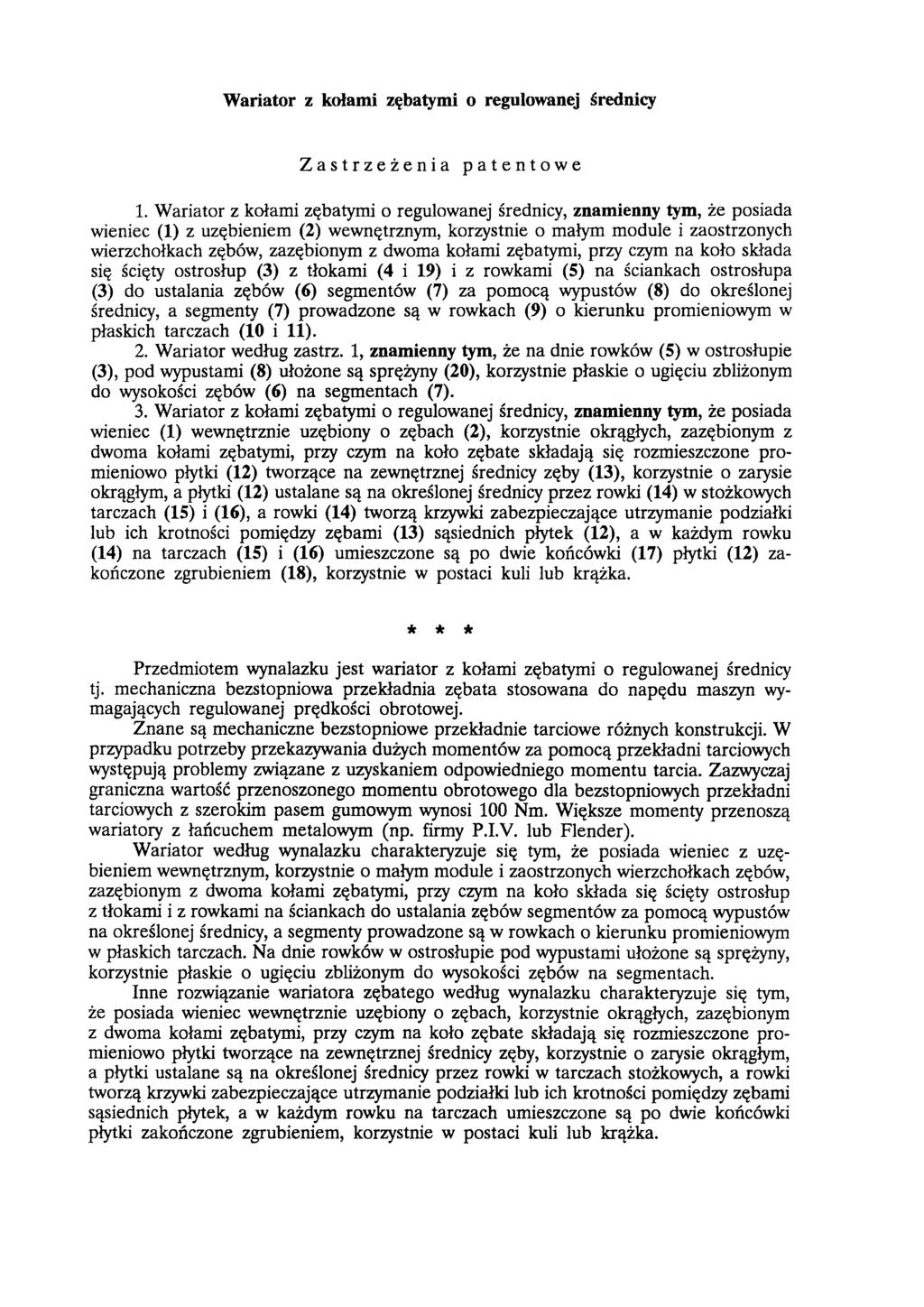 Wariator z kołami zębatymi o regulowanej średnicy Zastrzeżenia patentowe 1.