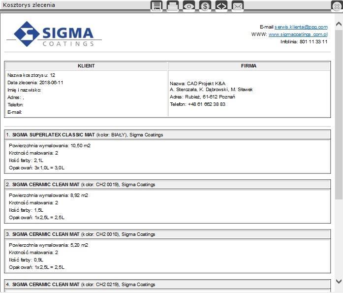 Zestawienie farb Tikkurila/Sigma Coatings zawiera następujące dane: logo, adres e-mail, stronę internetową oraz numer telefonu infolinii firmy, nazwę kosztorysu i datę zlecenia, dane osobowe klienta