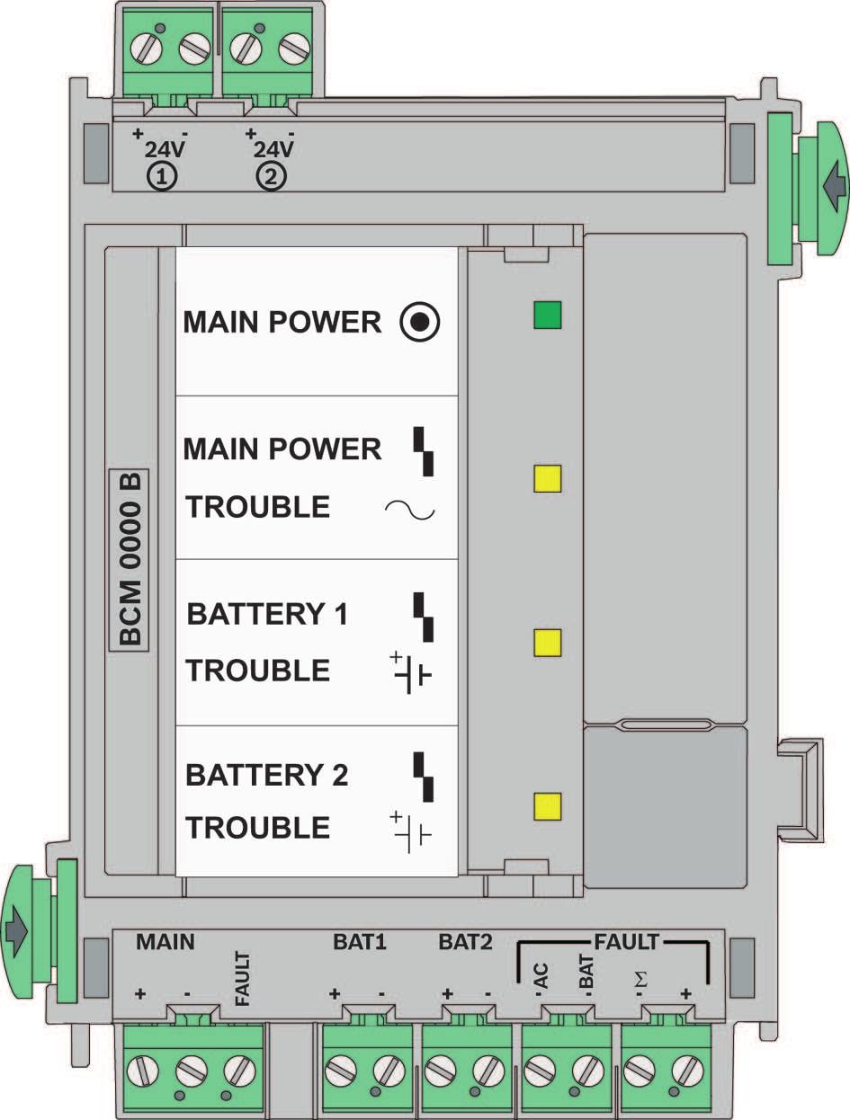 Modułowa centrala sygnalizacji pożaru Instalacja pl 103 1 24 V Rysunek 4.55: BCM 0000 B Moduł kontrolera akumulatorów Górne połączenia, od lewej do prawej 24 V + - Wyjście przełączane +24 V, maks.