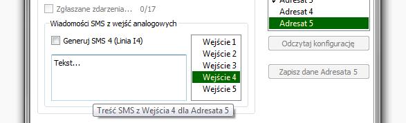 IK-E350-002 15 adresat może otrzymywać wiadomości SMS o dowolnej treści generowanych z dowolnej liczby (maksymalnie 5) wejść analogowych.