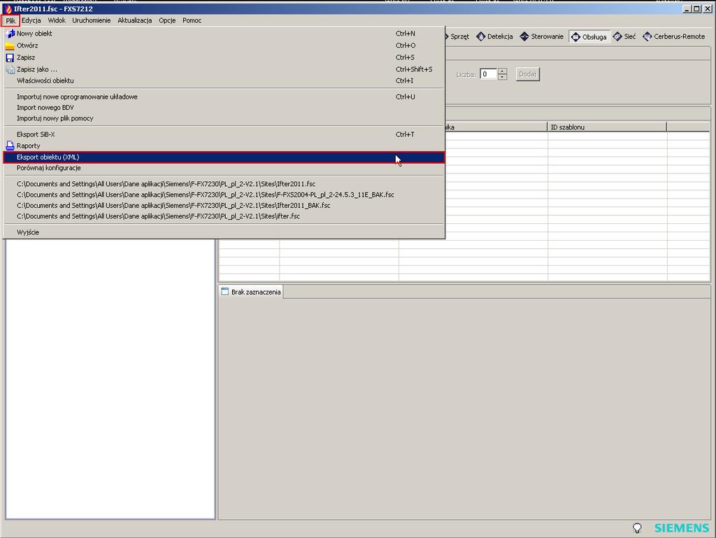 5.3 Eksport konfiguracji z programu konfiguracyjnego Aby wykonać eksport konfiguracji z centrali Siemens FC720 przez program F-FXS721 należy kliknąć Plik a następnie