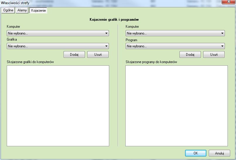 10.1.2.3 Kojarzenie Na zakładce Kojarzenie istnieje możliwość przypisania do strefy grafik i programów, które będą uruchamiane po powstaniu zdarzenia alarmowego.