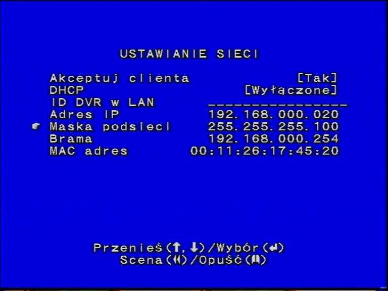 2.11. USTAWIANIE SIECI Urządzenie DVR posiada gniazdo sieci Ethernet (RJ-45) oraz zezwala na niezbędną modyfikację parametrów TCP/IP, co pozwala na przyłączenie go do sieci lokalnej i przeglądanie