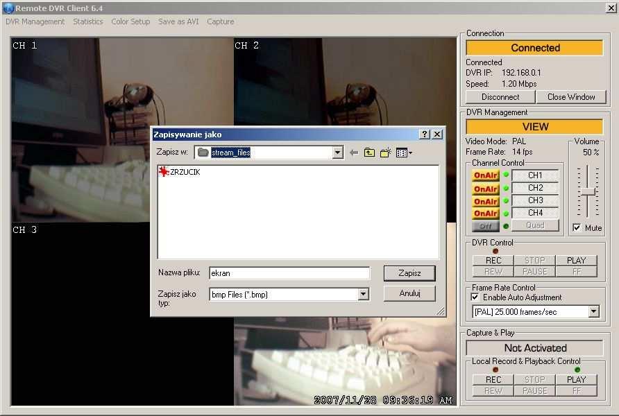 Program Remote DVR Client oferuje moŝliwość przechwycenia pojedynczej klatki obrazu i zapisania jej w formie mapy bitowej.