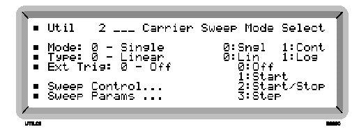 Tryb przemiatania (5) Aby zmienić tryb przemiatania podświetl Sweep Mode... i naciśnij [SELECT]. Da Ci to bezpośredni dostęp do menu Util 2: Carrier Sweep Mode Select pokazanego poniżej.