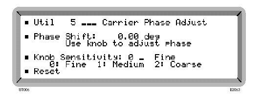 Regulacja fazy nośnej Offset fazy nośnej może być regulowany w stopniach jak poniżej: (1) Wybierz menu Util 5: Carrier Phase Adjust. Pokaże to bieżąco wybrane ustawienie przesunięcia fazy (patrz Rys.