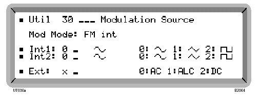PRACA LOKALNA Wybór źródła wewnętrzne Wybrawszy uprzednio modulację wewnętrzną z menu Util 20: Modulation Mode, wybierz kształt przebiegu i częstotliwość modulującą w następujący sposób: (1) Naciśnij