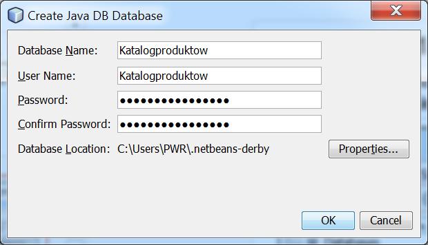 Derby: Database Name: Katalogproduktow, User