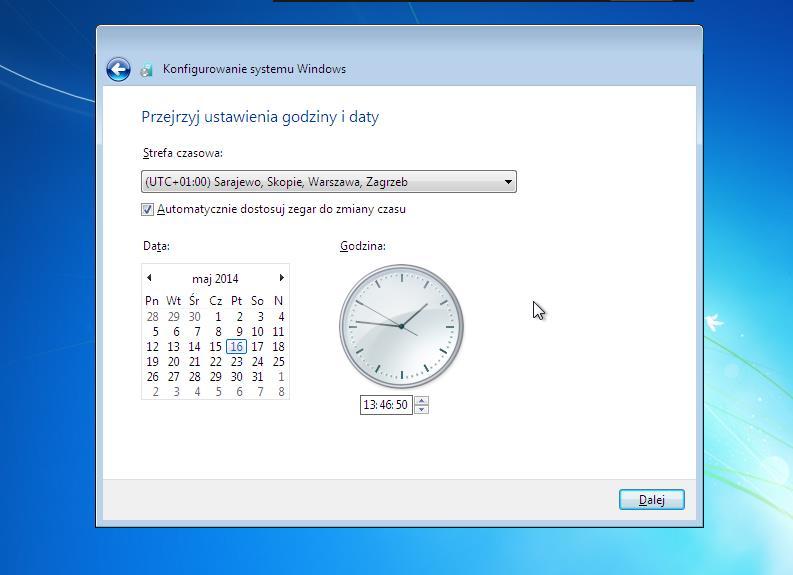 Krok 17 Pojawi się ekran "Przejrzyj ustawienia godziny i daty", skonfiguruj zegar komputera, aby dopasować aktualną