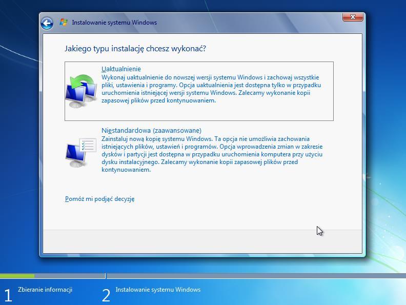 Krok 6 Pojawi się ekran "Jakiego typu instalację chcesz wykonać?". Kliknij opcję Niestandardowa (zaawansowane). Krok 7 Pojawi się ekran "Gdzie chcesz zainstalować system Windows? ". Wybierz dysk lub partycje, na której chcesz zainstalować system Windows 7.