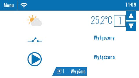 informacją o aktualnej temperaturze zewnętrznej, stanie styku oraz pompy