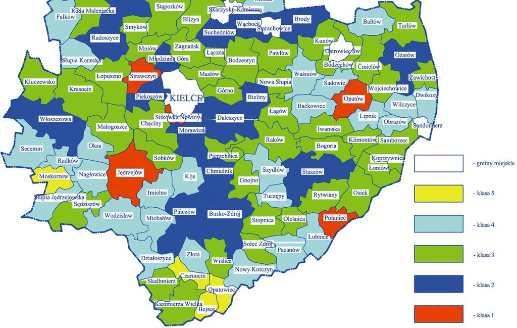 Przestrzenne zróżnicowanie struktury... Rysunek 5. Zróżnicowanie miernika syntetycznego na obszarach wiejskich województwa świętokrzyskiego w 2008 r. Figure 5.