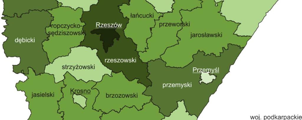Mieszkania o największej przeciętnej powierzchni użytkowej wybudowano w powiecie leskim (166,6 m 2 ), w Przemyślu (162,6 m 2 ) i w Krośnie (161,0 m 2 ), a