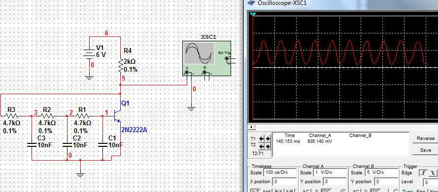 Generator z przesuwnikiem fazowym RC Zbuduj układ jak na rysunku generator z przesuwnikiem fazowym i uruchom symulację.