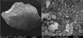 Fig. 3. SEM images of natural zeolite after the experiment (magnification 80 and 5000 ) Rys. 3. Mikrofotografie SEM zeolitu naturalnego wykonane po doświadczeniu (powiększenie 80 i 5000 ) Fig. 4.