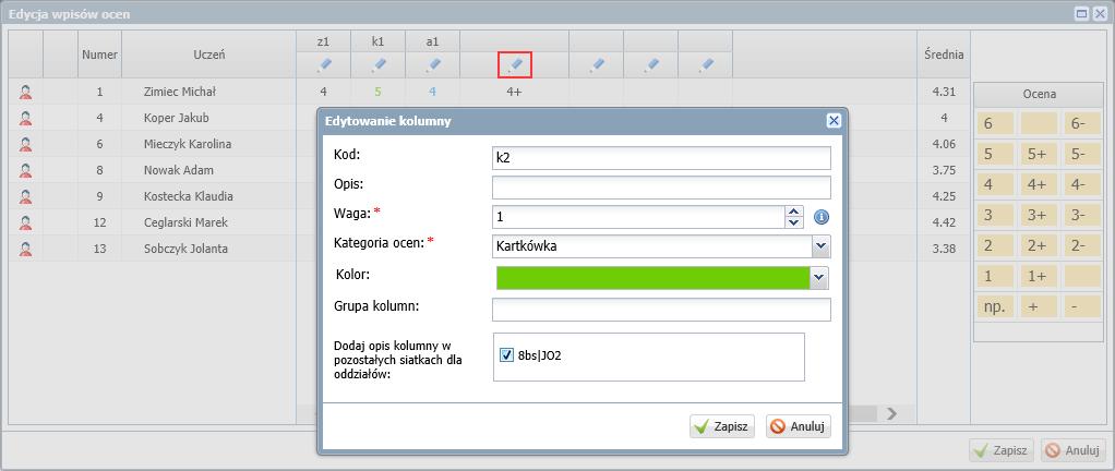 Dokumentowanie lekcji w systemie UONET+ 13/16 Domyślnie ocenom w kolumnie przypisywana jest waga 1, kategoria Bieżące oraz czarny kolor czcionki.