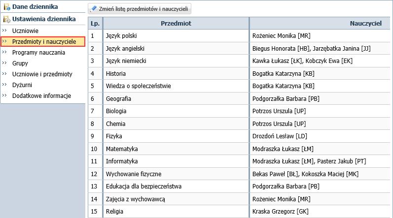 Dokumentowanie lekcji w systemie UONET+ 2/16 - lista przedmiotów i nauczycieli definiowana na stronie Przedmioty i