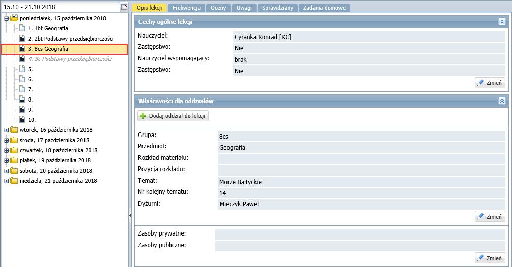 Opis lekcji zajęcia z całym oddziałem Poszczególne