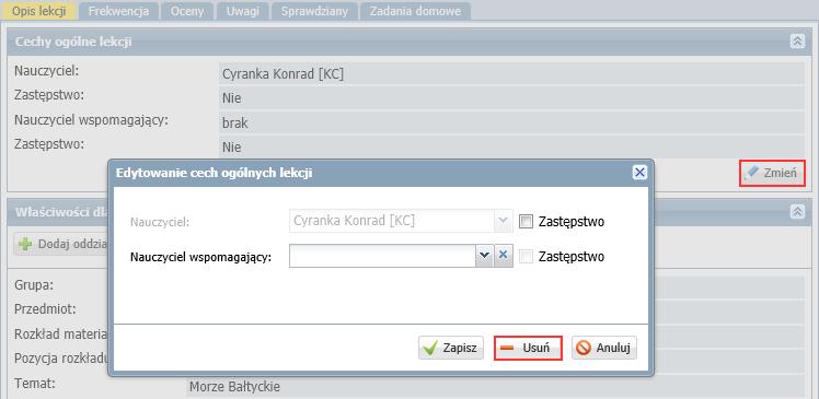 Dokumentowanie lekcji w systemie UONET+ 9/16 Na karcie Opis lekcji można dodać do lekcji dodać kolejny oddział (lub grupę z tego oddziału).