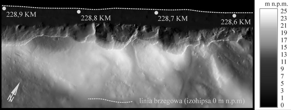 Zmienność czasowa i zróżnicowanie przestrzenne wielkości i tempa erozji klifu Zatoki Usteckiej w rejonie Orzechowa Ryc. 15. Fragment CMW lądu w skali barw odpowiadającej wysokościom terenu w m n.p.m. Fig.