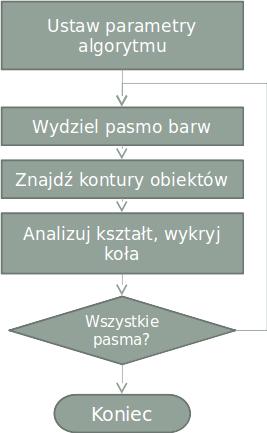 Rysunek 4: Algorytm detekcji kuli o jednorodnej barwie. Poszczególne zadania niezbędne do realizacji tego algorytmu wymagają wykonania trzech różnych typów analiz, opisanych w kolejnych podpunktach.