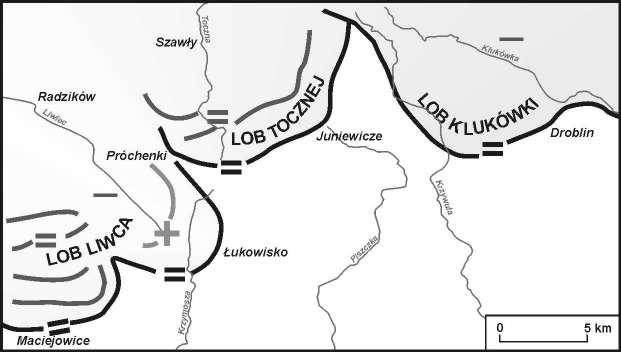 Stany dynamiczne lobów Liwca, Tocznej i Klukówki lądolodu warty na międzyrzeczu Krzny i Bugu według Godlewskiej (2014) = recesja frontalna, + awans, recesja arealna Dynamic states of the the Liwiec,