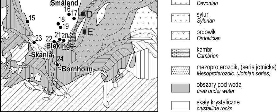 osadowych Eratyki przewodnie : 1 porfir Bredvad, 2 granit Garberg, 3 porfiryt Grönklitt, 4 porfir Dalarna, 5 granit Siljan, 6 porfir Oslo, 7 granit Bohus, 8 granit Filipstad, 9 granit Uppsala, 10