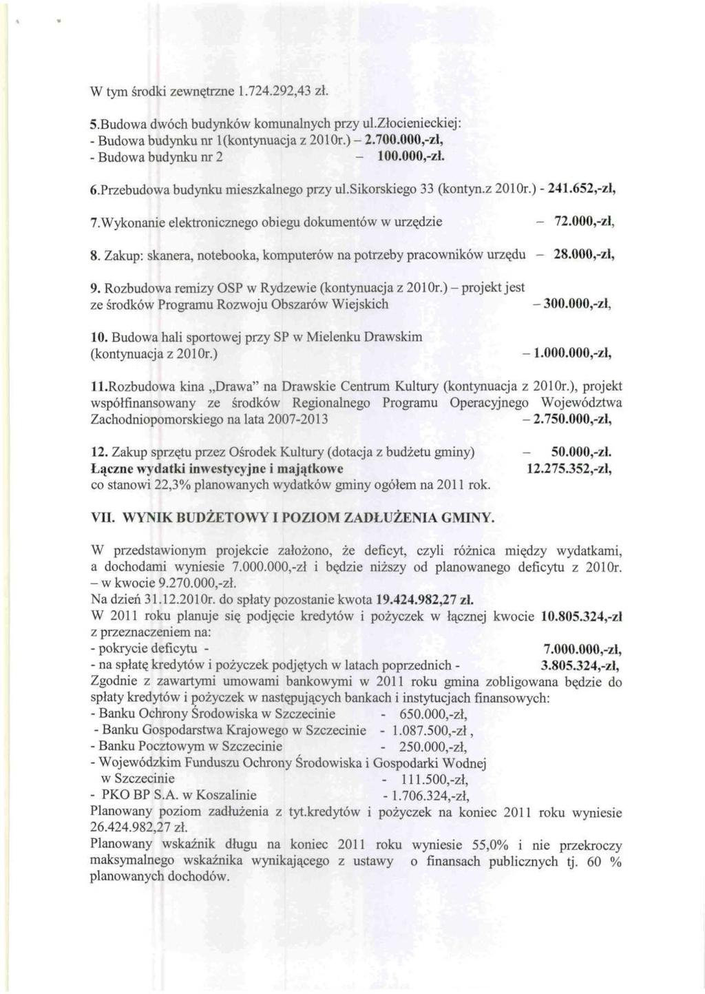 W tym środki zewnętrzne 1.724.292,43 zł. 5.Budowa dwóch budynków komunalnych przy ul.złocienieckiej: - Budowa budynku nr l (kontynuacja z 2010r.) - 2.700.000,-zł, - Budowa budynku nr 2 100.000,-zł. ó.