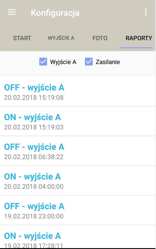Ekran ten zawiera listę wszystkich zarejestrowanych zdarzeń. W górnej części ekranu odznaczając/zaznaczając pozycje Wyjście A, Zasilanie można filtrować wyświetlane rekordy. 5.