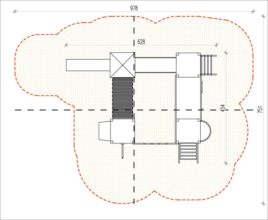 ZAŁĄCZNIK NR 2 ZESTAW WIELOFUNKCYJNY DREWNIANY (3) WYMIARY: Szerokość 454 cm Długość 628 cm Wysokość 320 cm Wysokość podestu 120 cm Wysokość swobodnego upadku 205 cm Strefa bezpieczeństwa 978x751