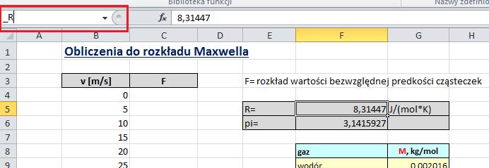 Rysunek 15. Lokalizacja Pola nazwy, za pomocą którego nadajemy nazwy komórkom 16. Zaznacz komórkę F6 i postępując w sposób opisany w poprzednim punkcie, nadaj jej nazwę _pi.