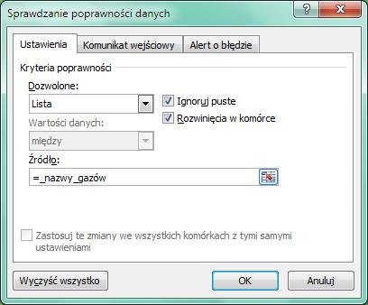 komórek z arkusza obliczenia zawierającego nazwy gazów. Reszta parametrów nie jest dla nas istotna. Zatwierdź ustawienia przyciskiem OK. Sprawdź działanie narzędzia. Rysunek 18.