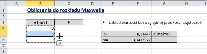 Do komórki B1 arkusza obliczenia wpisz tekst Obliczenia do rozkładu Maxwella. Zmień wielkość czcionki na 14 pkt, kolor tekstu na ciemny granat, włącz podkreślenie. 10.