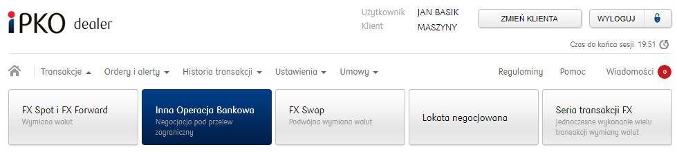 3.9. Inna Operacja Bankowa Platforma ipko dealer umożliwia klientom zawarcie transakcji w przypadku braku rachunków w danej walucie.