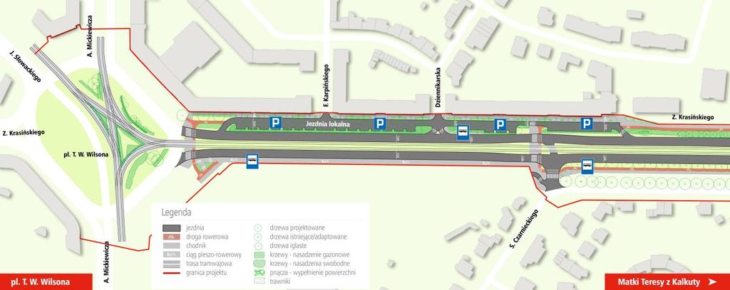 Ulica Krasińskiego szerokość jezdni liczba pasów ruchu szerokość pasów ruchu wydzielenie pasa dla autobusów sposób prowadzenia ruchu rowerowego lokalizacja i szerokość chodników dla pieszych