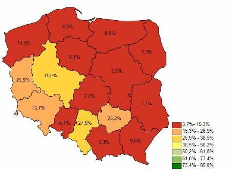 (n=2605), z różnych przyczyn nie miało wykonanego badania przesiewowego słuchu. Aż w 9 województwach zgłaszalność ta nie przekracza 10%.
