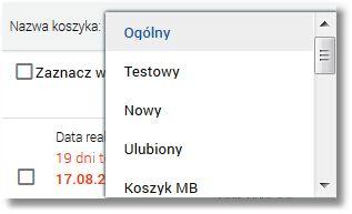 W przypadku, gdy użytkownik posiada wiele zdefiniowanych koszyków zleceń na formatce Koszyk przelewów istnieje możliwość wyboru koszyka po wskazaniu wartości w