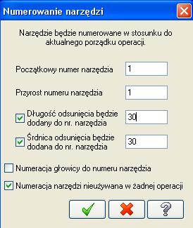 Ilustaracja 3-50: Okno dialogowe Przenumerowanie narzędzia Pola Początkowy numer narzędzia i Przyrost numeru narzędzia są wymagane, inne są opcjonalne.