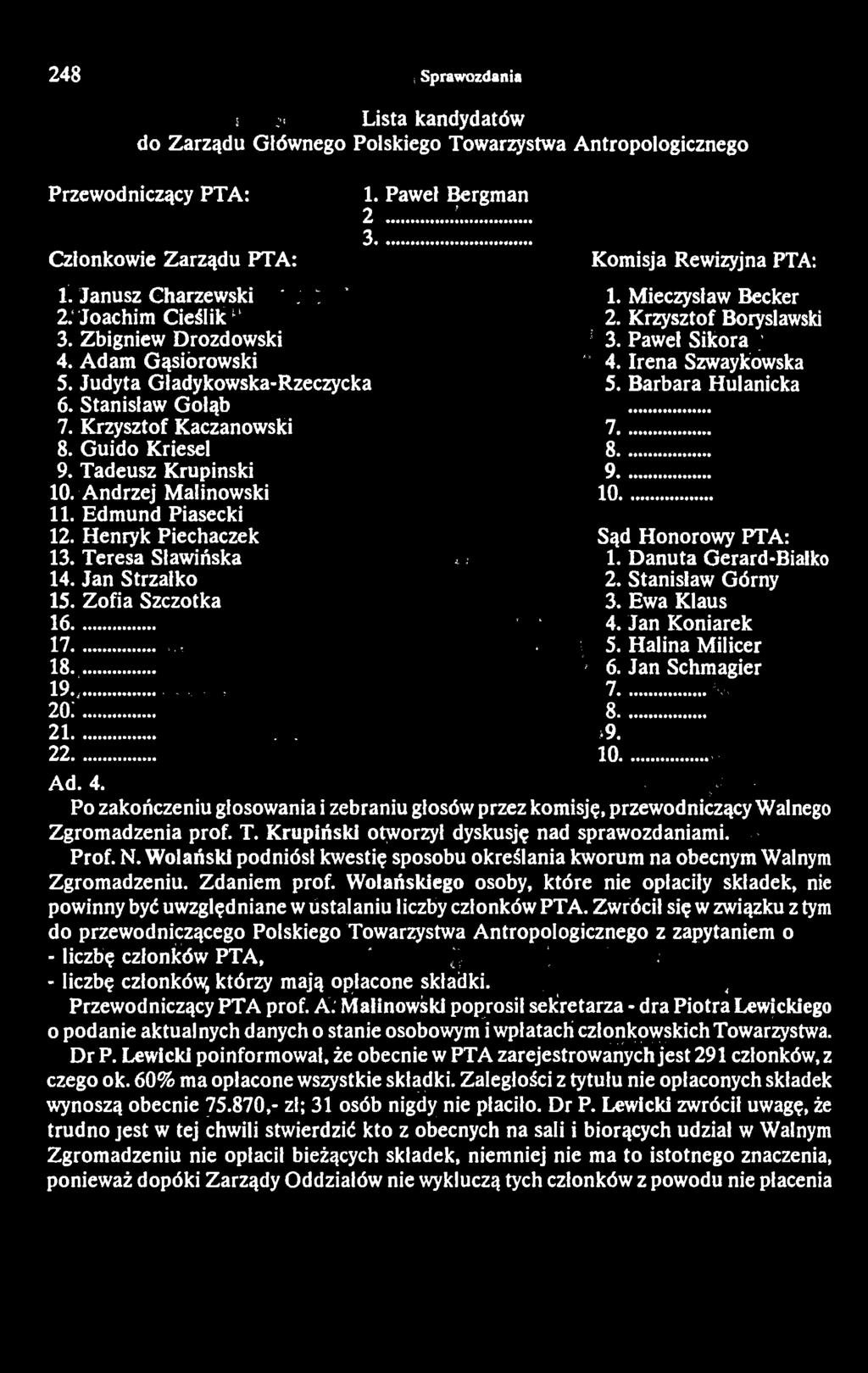 Henryk Piechaczek 13. Teresa Sławińska 14. Jan Strzałko 15. Zofia Szczotka 16.... 17.... 18... 19.;... 20: 2 1..... 22.... 1. Paweł Bergman 2... ;...... 3......... >9. Komisja Rewizyjna PTA: 1.