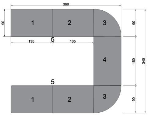 moduł wolnostojący głębokość 90 cm noga pośrednia szerokość 60 cm noga pośrednia głębokość 80 cm noga pośrednia wysokość 60 cm Blat wykonany z trójwarstwowej płyty wiórowej grubości 25mm w klasie