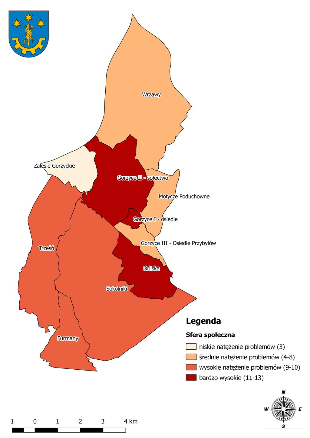 Mapa 3 Koncentracja negatywnych zjawisk w sferze społecznej w poszczególnych jednostkach referencyjnych na terenie Gminy Gorzyce Źródło: Opracowanie własne na