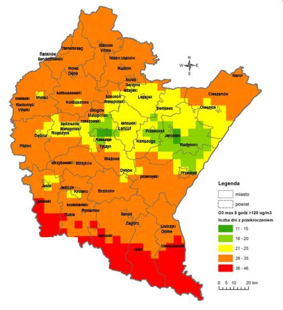 dni, w których stężenie ozonu przekroczyło 120 μg/m 3 zawierała się w przedziale 16 20 oraz 21 25 dni (mapa 10).