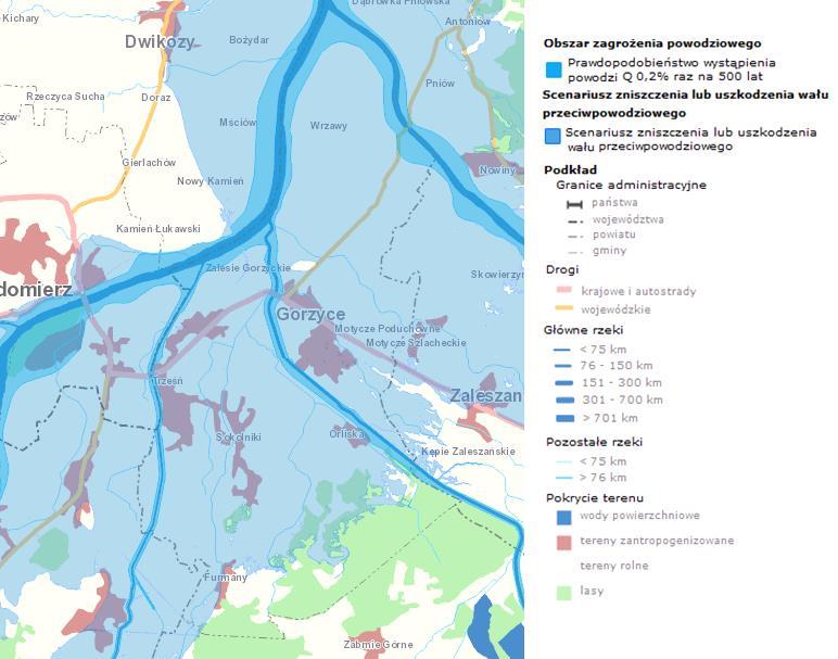 Mapa 12 Obszar zagrożenia powodziowego na terenie Gminy Gorzyce Źródło: Hydroportal Krajowego Zarządu Gospodarki Wodnej, kzgw.gov.