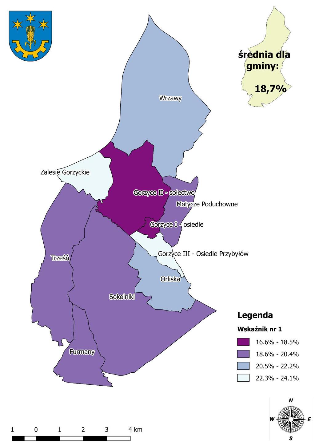 Mapa 18 Rozkład wartości wskaźnika udział ludności w wieku produkcyjnym w % ludności ogółem w poszczególnych