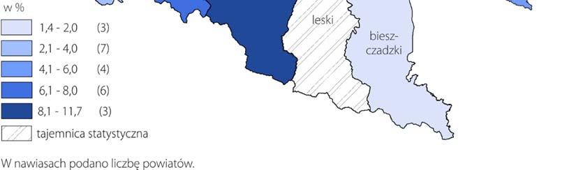 W dwudziestu dwóch powiatach województwa był wyższy niż przed rokiem, w tym