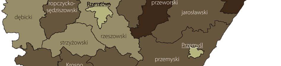 odnotowano w Rzeszowie (49,76 %), a najwyższy w powiecie lubaczowskim (88,69%).