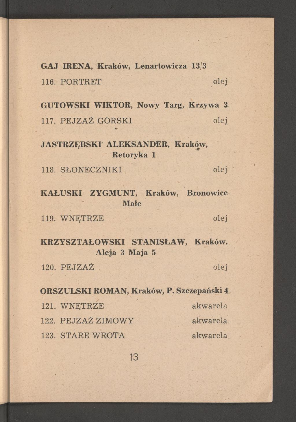 GAJ IRENA, Kraków, Lenartowicza 13/3 116. PORTRET olej GUTOWSKI WIKTOR, Nowy Targ, Krzywa 3 117. PEJZAŻ GÓRSKI olej JASTRZĘBSKI' ALEKSANDER, Kraków, Retoryka 1 118.