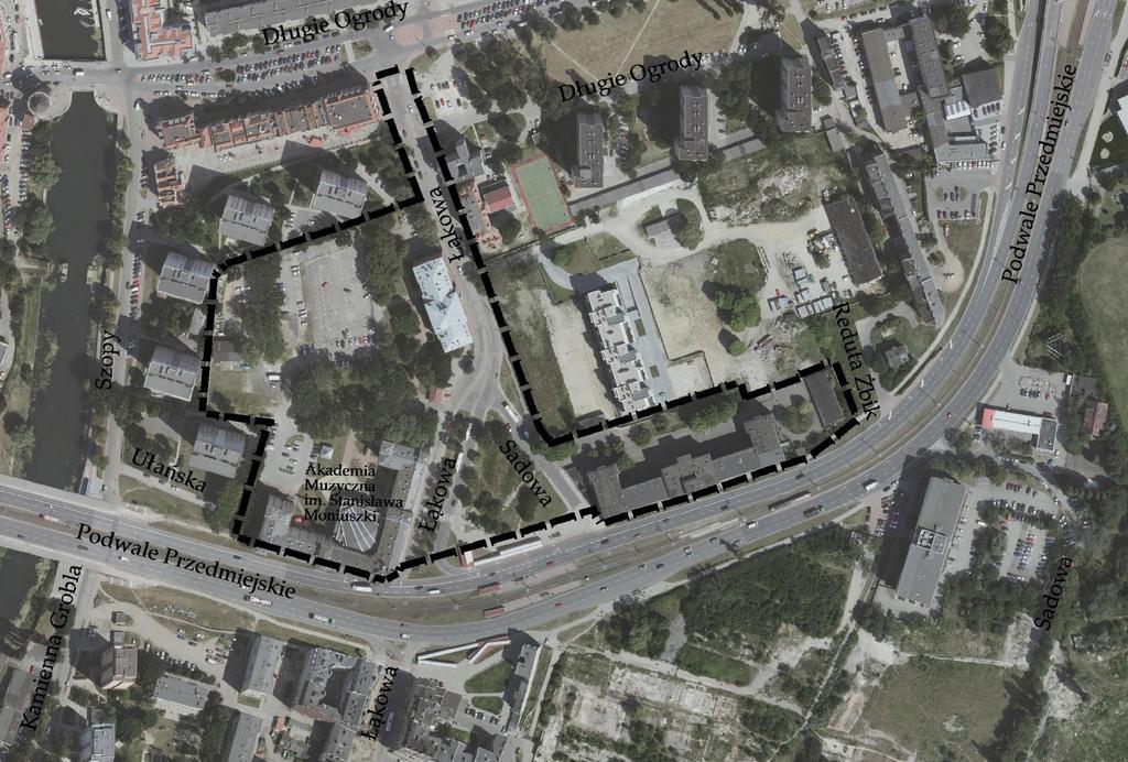 LOKALIZACJA I CEL Długie Ogrody 4,24 ha Dolne Miasto Cel zmiana przeznaczenia terenu Akademii Muzycznej z usług nauki na szeroko rozumiane usługi, zwiększenie parametrów zabudowy oraz zmniejszenie