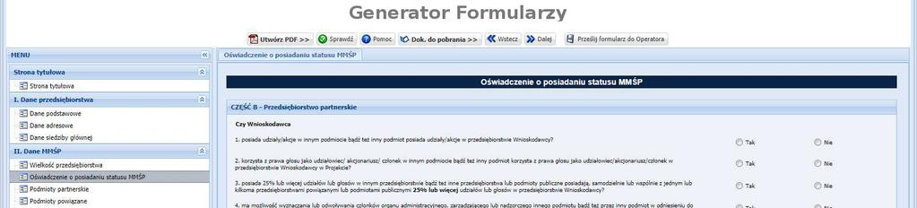 Część B Przedsiębiorstwo partnerskie Rysunek 15. Oświadczenie o posiadaniu statusu MMŚP przedsiębiorstwo partnerskie 8.