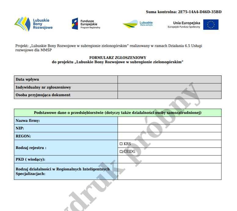 6. Podgląd wydruku - aby podejrzeć wydruk należy użyć przycisku Utwórz PDF, następnie system wypełni szablon formularza wprowadzonymi danymi.